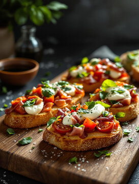 Delicious Bruschetta made with Fresh Ingredients and Tasty, Flavorful Toppings to Enjoy