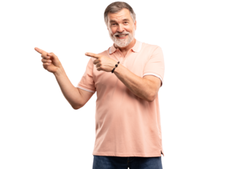 Happy mature business man entrepreneur, smiling older professional manager, confident businessman presenting ads advertising product or service isolated on transparent background.