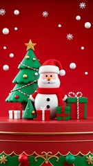 Christmas card featuring a snowman with a tree and gifts in a winter scene