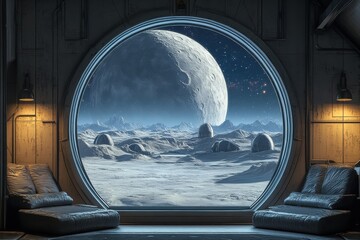 Moonlit view of a lunar base outer space digital art sci-fi environment interior perspective