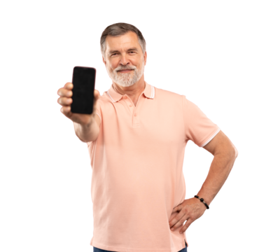Portrait of excited bearded man holding big smartphone with blank screen in hand, showing close to camera and pointing at device. Gadget with empty free space for mock up, banner on transparent