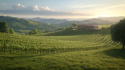 A serene vineyard landscape bathed in golden light, with rolling hills and a charming house in the distance.