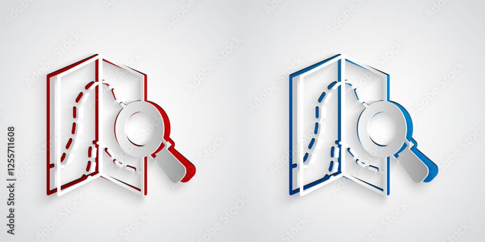 Poster paper cut search location icon isolated on grey background. magnifying glass with pointer sign. pape