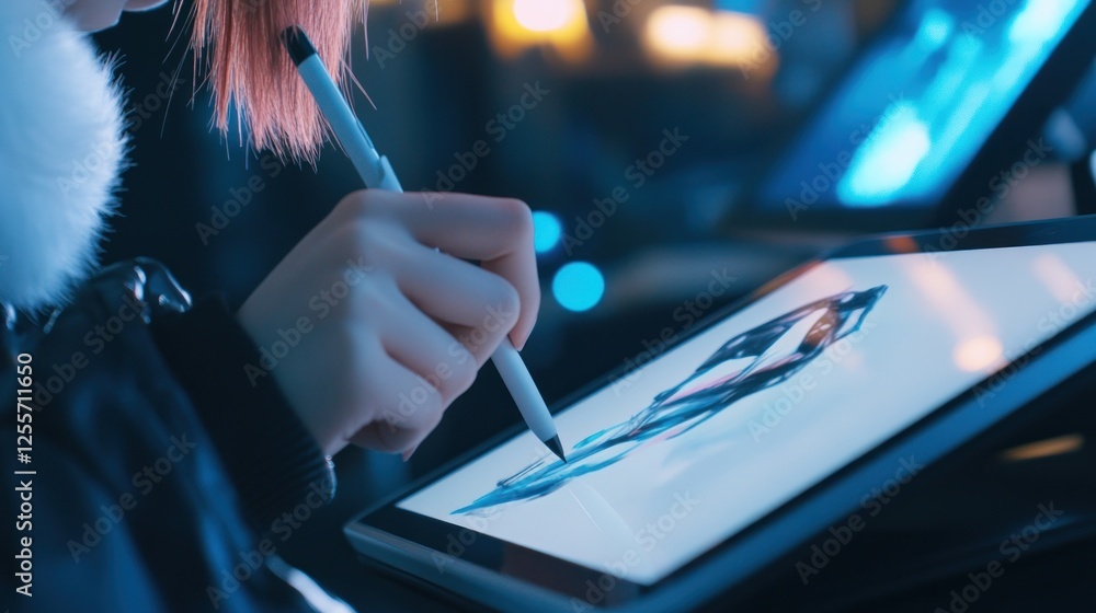 Poster Digital Artist Creating on Tablet with Stylus in Modern Workspace