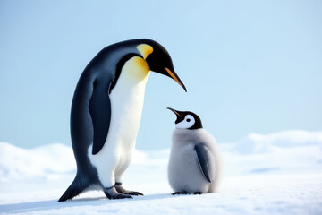 Obraz premium penguin parent and chick standing on snowy ground in serene winter scene