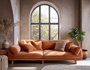 Fototapeta premium loft home interior design of modern living room sofa with terra cotta pillows against arched window near stucco wall