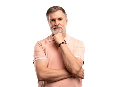 Portrait of smiling happy mature grey-haired man standing on transparent background.