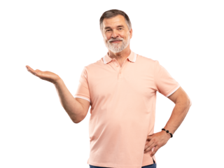 Happy mature business man entrepreneur, smiling older professional manager, confident businessman presenting ads advertising product or service isolated on transparent background.