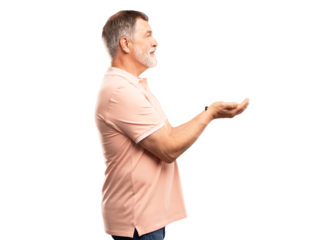 Happy mature business man entrepreneur, smiling older professional manager, confident businessman presenting ads advertising product or service isolated on transparent background.