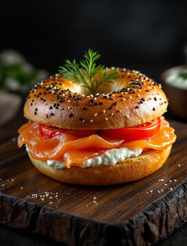 A delicious and savory bagel topped with smoked salmon and complemented by fresh vegetables
