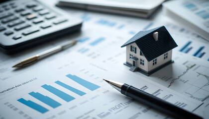 House model on financial charts and calculator
