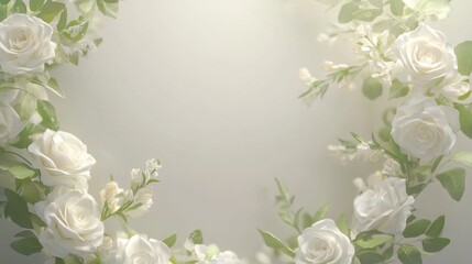 A delicate floral wreath made of white roses and greenery, with a soft, light background and ample space for text.