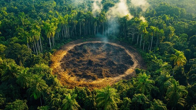 Aerial view of a deforested area surrounded by lush trees, showing environmental impact with smoke rising from the barren land.