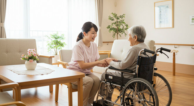 車椅子に座る高齢者と優しく寄り添う介護士