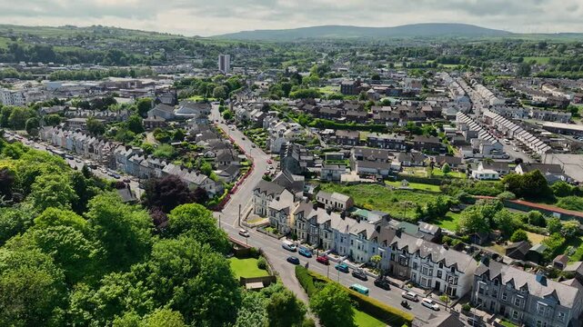 Aerial view of Residential homes and Business in Larne Town Co Antrim Northern Ireland