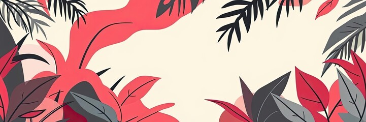 Obraz premium Stylish Tropical Leaf Banner Red Gray Foliage Cream Background