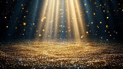 Golden glitter stage spotlight, dark background, awards ceremony
