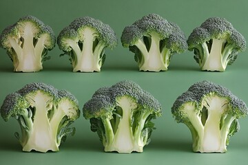 Fresh broccoli heads arranged on a natural green surface, ideal for food and nature photography