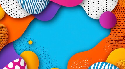 Fototapeta premium Abstract colorful background with overlapping circles and shapes, in vibrant hues like orange, purple, pink, blue, and yellow. The shapes have