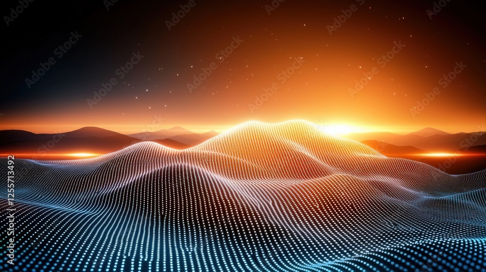 Poster dynamic digital landscape visualization abstract setting 3d graphic evening glow futuristic concept