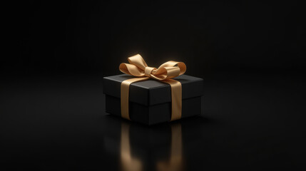 Obraz premium black gift box with golden ribbon on reflective surface, creating luxurious feel