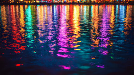 Obraz premium A vibrant city river at night with neon reflections from nearby buildings shimmering across the water creating a kaleidoscopic effect.