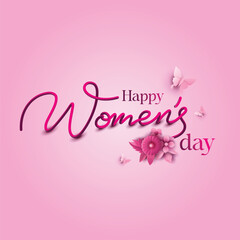 Happy women's day 3d text whit spring flowers, leaves and Butterflys on pink background