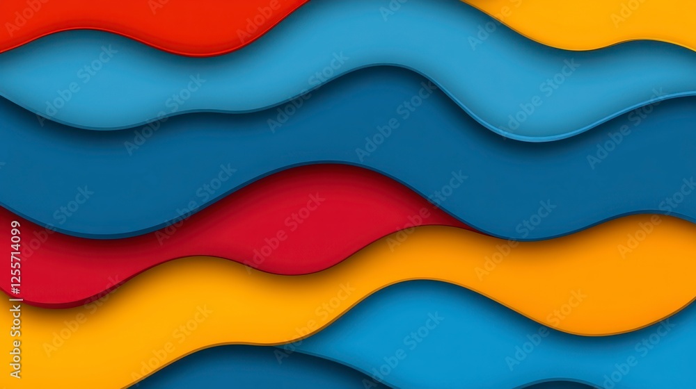 Poster abstract design with overlapping wavy layers in vibrant colors. red, blue, and yellow waves create a