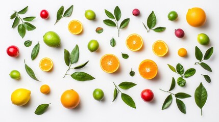 A delightful arrangement showcases various fruits including lemons, oranges, limes, and berries, complemented by lush green leaves, evoking a sense of freshness and creativity