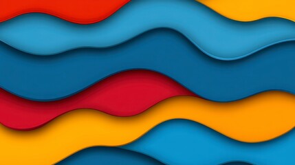 Fototapeta premium Abstract design with overlapping wavy layers in vibrant colors. Red, blue, and yellow waves create a textured, three dimensional effect