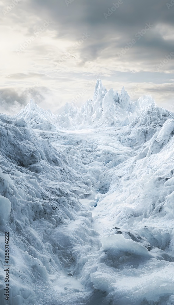 Poster glacier landscape, pristine ice formations glowing under a stark white sky, cinematic framing emphas