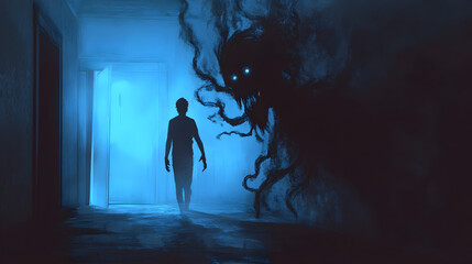 standing in a dimly lit room, with a shadow that morphs into a separate entity, with glowing eyes and twisted limbs 
