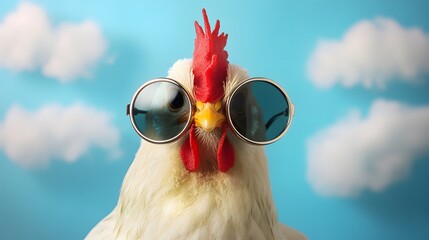 A Cool Chicken Wearing Sunglasses Against A Blue Sky