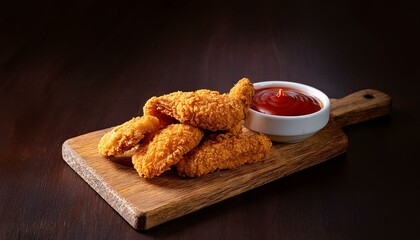 crispy golden fried chicken tenders with ketchup on wooden board