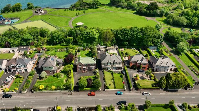 Aerial view of Residential homes and Business in Larne Town Co Antrim Northern Ireland
