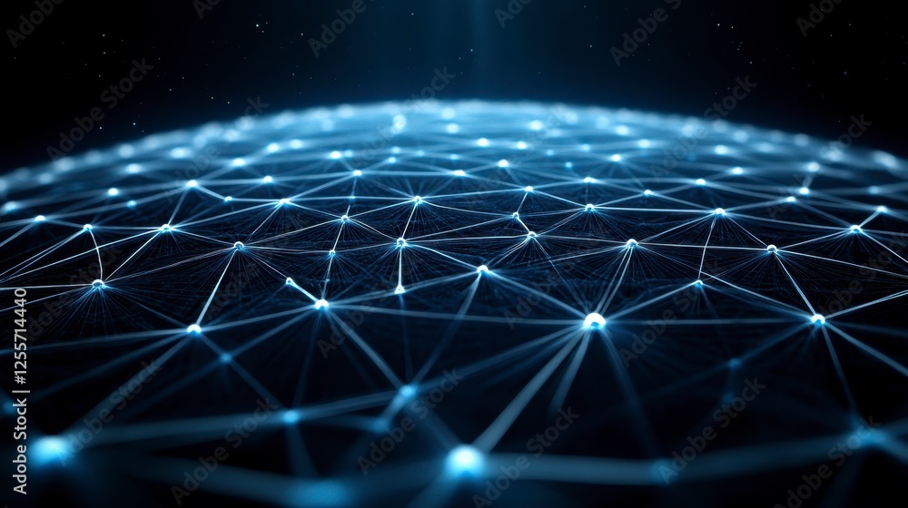 Poster abstract digital network sphere, intricate web of glowing points and lines against a dark background