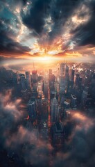 Fototapeta premium Retro-futuristic cityscape at sunset, glowing neon reflections on towering skyscrapers, bold colorful tones, dynamic storytelling with cinematic framing, nostalgic atmosphere