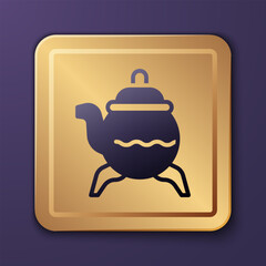 Obraz premium Purple Classic teapot icon isolated on purple background. Gold square button. Vector