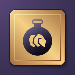 Purple Exhibition with various minerals, rocks and crystals icon isolated on purple background. Minerals exhibition, mineralogy, geology expo or museum. Gold square button. Vector