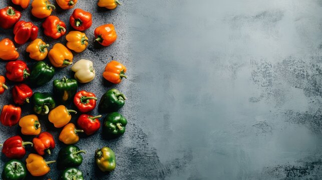 Colorful Bell Peppers: Vibrant red, yellow, green, and orange bell peppers arranged along the left edge of a gray background.