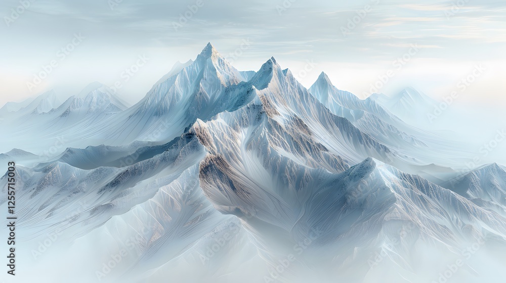 Poster minimalist aerial abstraction of mountain ranges, surreal shadows and peaks casting dynamic patterns