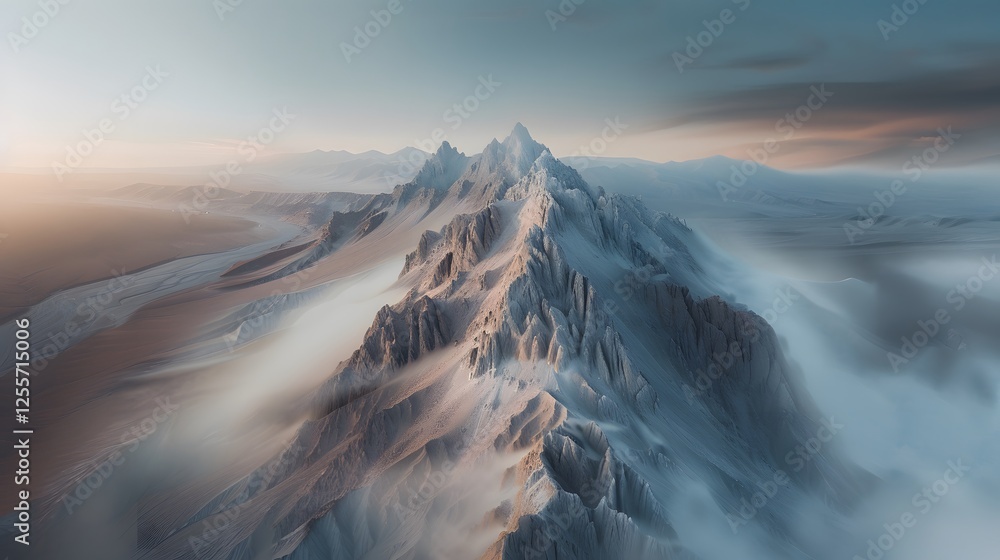 Poster minimalist aerial abstraction of mountain ranges, surreal shadows and peaks casting dynamic patterns