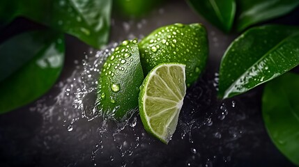 Fresh limes splashing in water surrounded by green leaves, highlighting freshness and vitality