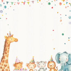 Obraz premium Watercolor illustration of cute baby animals wearing birthday hats,cute animals watercolor, group of happy animals celebrating together, birthday celebration background