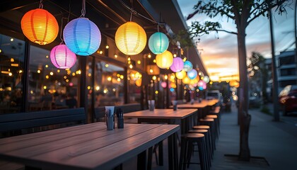 Retro-inspired urban caf at twilight, glowing lanterns illuminating outdoor seating, bold saturated colors, nostalgic charm with dynamic story-driven elements
