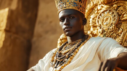 Young African prince in white royal attire sitting elegantly on golden throne in grand palace