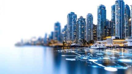 Obraz premium Modern city skyline with digital technology overlay