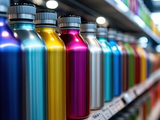 Colorful Metal Water Bottles on Shelf Display in Store