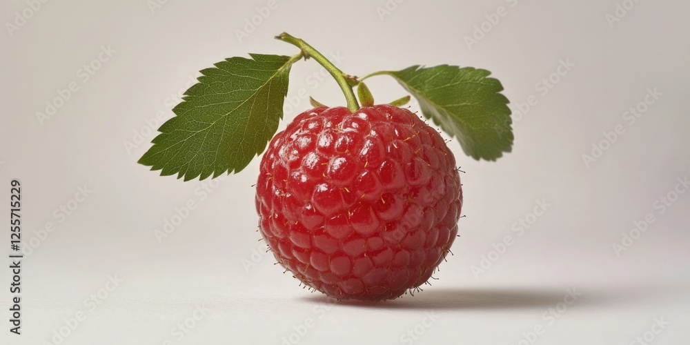 Poster a single raspberry with a leaf stuck into its stem
