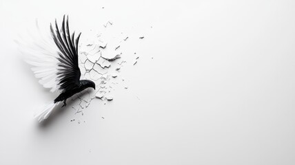 Black and white bird breaking through wall Concept of freedom barriers